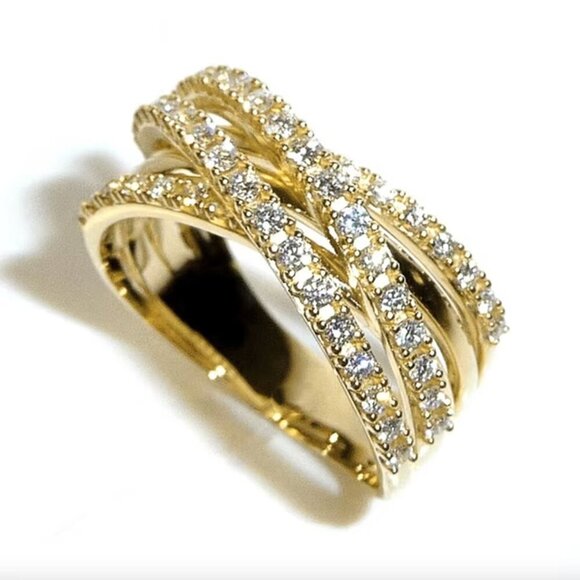 14k Yellow Gold Pave Diamond Ring Band Layer Criss Cross Ring - Picture 6 of 6